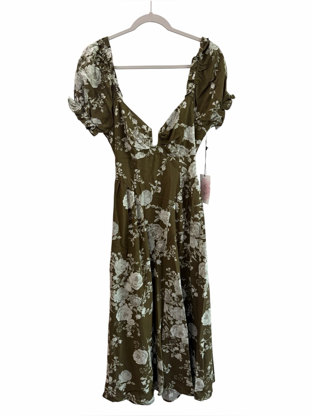 Crystal Sky Autumn Wedding Garden Floral Drop Waist Olive Green Maxi Dress M